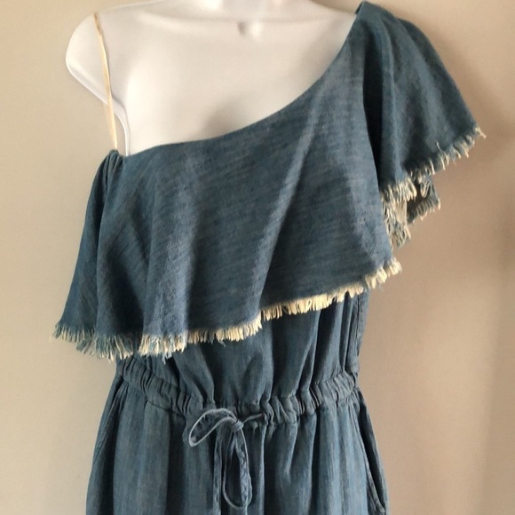 Blank NYC Making Waves Cotton Jumpsuit XS Frayed One Shoulder Back Cutout Pants - Picture 6 of 16